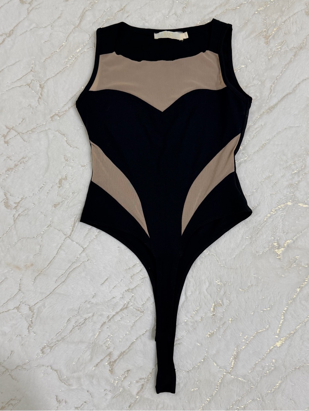 Black Bodysuit with Nude Mesh Panels